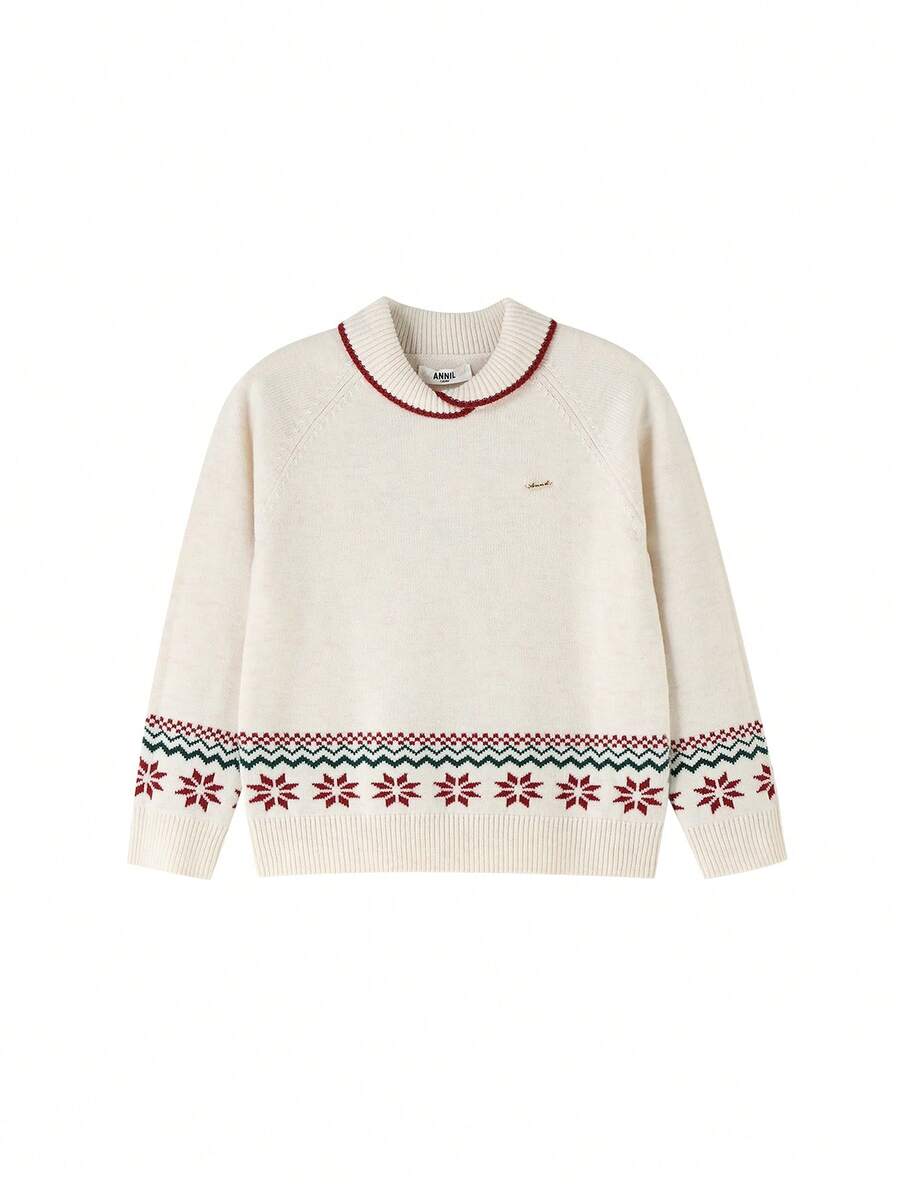 Annil Children's Girls' Red Winter Pullover With Festive Patterns From Fel Island, Featuring Warmth, Elasticity And Sheepskin Content. - White Toffee - View 1