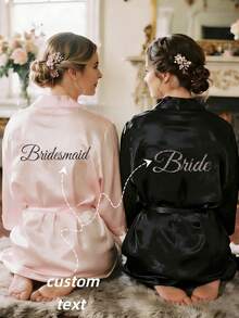 1pc Customized Satin Bride Short Sleeve Robe, Customizable Text, Customized Bride & Bridesmaid Wedding Robe, Personalized Satin Robe, Customized Bride Robe, Bridesmaid Prep Robe, Wedding Party Robe, Lace Trim Robe, Customized Name Robe, Bridal Robe Gift, Bridal Party Gift, Silky Loungewear, Minimalist, Fun, Customized, Unique, Matching Bridesmaid Silky Loungewear Special Bridal Gift, Bestie, Girlfriend, Fashionable Autumn - Multicolor - View 1