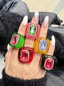 Set de 5 anillos de resina de cristal con bloques de color geométricos, set de anillos asimétricos personalizados para el Día de San Valentín, anillos de mujer coloridos de estilo Y2K adecuados para uso diario, festivales y fiestas - Multicolor - Ver 2