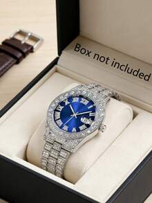 3pcs Luxury Crystal Inlaid Men's Silver Watch Set, Including 1 Crystal Blue Roman Numeral Quartz Watch, 1 Silver Chain Bracelet, 1 Black Rhombus Textured PU Wallet, With Silver Metal Strap And Sparkling Crystal Bezel. - Silver - View 2