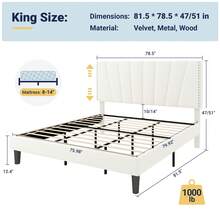 Allewie Full/Queen/King Size Bed Frame With Adjustable Velvet Upholstered Headboard, Rivet-Style Nailhead Trim Detail Platform Bed Frame, Wooden Slat Support, No Box Spring Needed, Easy Assembly, White - trắng - Xem 10