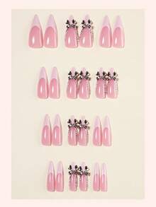 French Nail Acrylic 24Pcs Stiletto Press On Nail Tips, DIY Art Bow/Diamond Accessories Decorative 3D Fake Nail Set For Nail Salons, Girls And Women Nail Supplies For Daily Wear, Holiday Parties, And Gifts - Multicolor - View 2