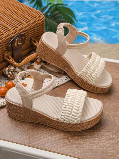 1 Pair Girls' Summer High Heel Sandals, Fashionable Slip-On Minimalist Comfortable Slip-On Casual Outdoor Open Toe Wedge Sandals