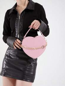 心形甜美手提包，饰有心形链条，哑光质感，女士单肩包，优雅情人节、新年搭配斜挎包 - 粉色 - 查看 2