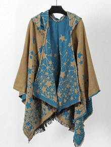 一件保暖舒适的心形星形提花连帽流苏披肩 - 彩色 - 查看 8