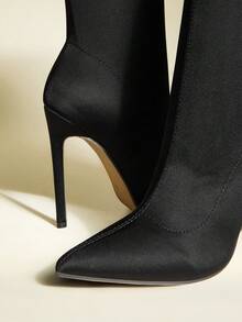 Sexy Mode Party-/Pendler-Stiefel für Frauen, schwarz, elastisch, Lycra, spitzer Zehenbereich, 9,5 cm dünner Absatz, Schlupfeinstieg, Knöchelhöhe, Herbst/Winter - Schwarz - Übersicht 8