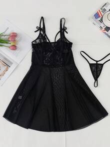 2pcs Lace Patchwork Front Slit Asymmetrical Hem Sexy Nightgown - Black - View 6