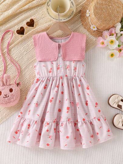 Girls' Ditsy Floral Dress, Pink Peter Pan Collar Sleeveless Dress, Sweet And Elegant Princess Style