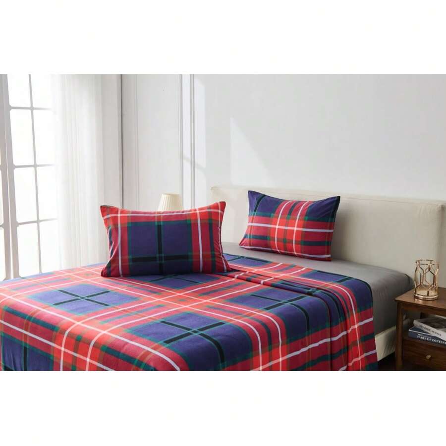 Soft Touch Printed Sheet Set Fitted & Flat Bed Sheet With Pillowcases All Season - Ferdi Tartan Check Multi - View 1
