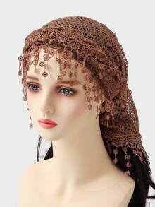 新款热销女士三角披肩，网纱、亮片和蕾丝饰边——多功能头巾围巾，浪漫透气，纯色，宽松版型 - 大尺寸版白色 - 查看 9