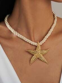 1件套编织绳3D条纹海星和螺旋贝壳项链套装，女士夏季海滩假日派对首饰 - 金黃色 - 查看 1