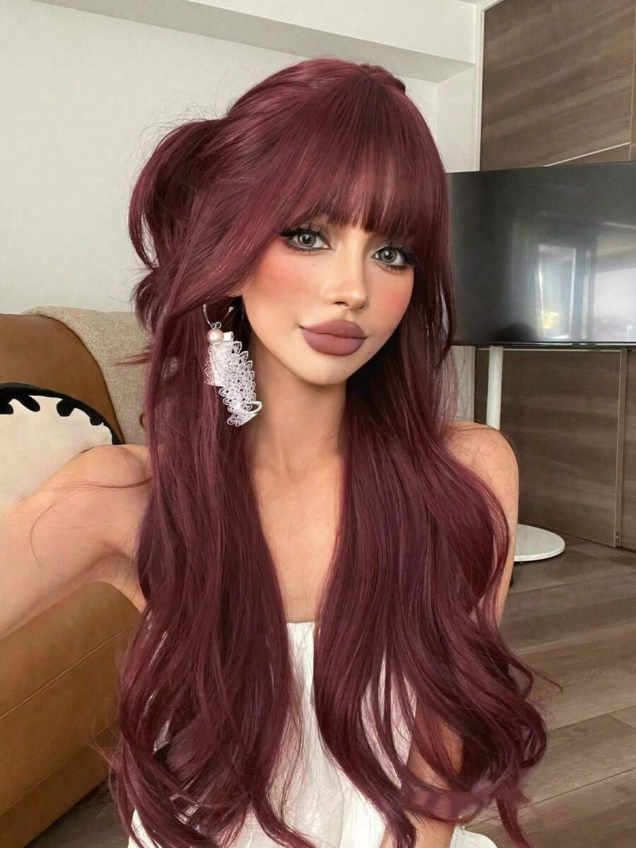 1 合成耐热酒红色卷发假发，纤维材质，适合日常使用，外观自然逼真（不含配件）。 - 酒紅色 - 查看 1