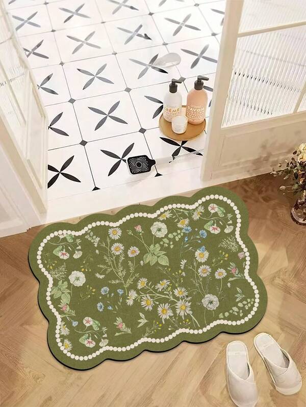 1 pieza de alfombra de baño rectangular ondulada verde con patrón de serie floral de primavera, alfombra de goma antideslizante, alfombra de baño, absorbente y resistente a las manchas, decoración de habitación, alfombra de cocina, apta para alfombra de baño, alfombra de cocina y felpudos.