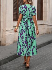 时尚编织花卉印花优雅休闲V领交叉系带泡泡袖修身度假派对连衣裙 - 綠色 - 查看 3