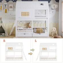 Våningssäng för barn med charmiga fönster och tak, en stadig ribbotten och stege, plus två stora lådor. Furu + MDF + plywood, vit + naturfärgad, 90 x 200 cm - Vitt - Visa 6