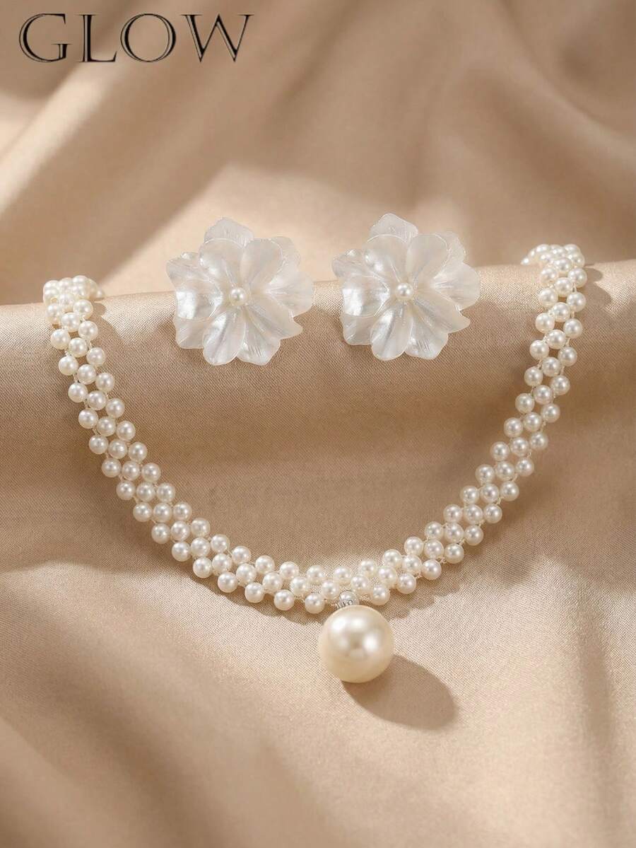 1 Set Elegant Vintage French Style Floral Beaded Necklace, Earrings Jewelry Set, Suitable For Teenage Girls Everyday And Festive Wear - Flowers - View 1