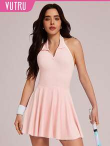 VUTRU Halter Backless Polo Collar Sports Dress, Anti-Flashing Tennis Skirt, Golf Dress - Baby Pink - View 3