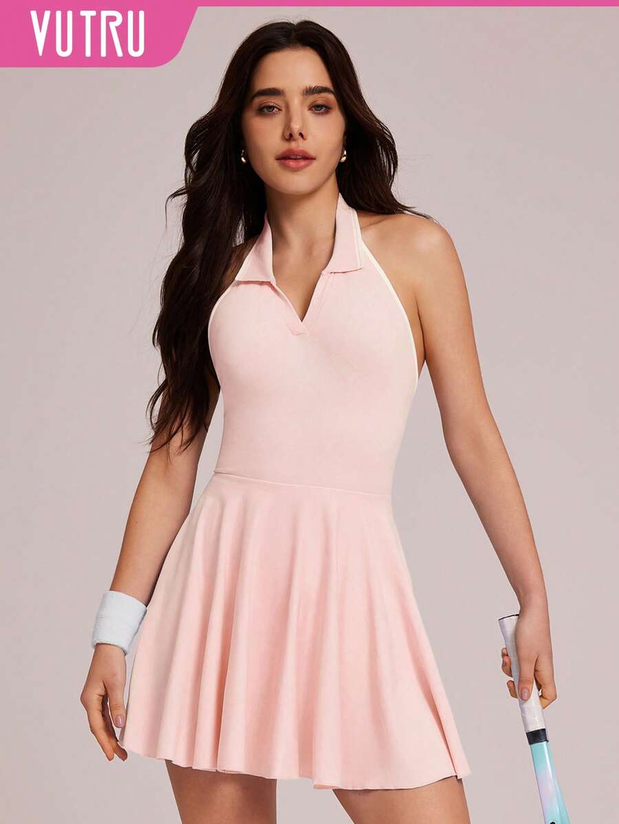 VUTRU 露背吊带Polo领运动连衣裙，防走光网球裙，高尔夫连衣裙 - 淺粉色 - 查看 1