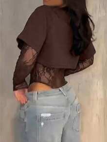 Women's Sexy Sheer Lace Short Sleeve Crop Top, Solid Color Lace Patchwork See-Through Sexy Bodysuit For Daily Wear, Dating, Single Party, Stage Performance, Spring/Summer Elegant - Chocolate Brown - View 3