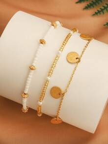3pcs/Set Bohemian Style Beaded Anklet Set, Suitable For Summer Beach, Vacation, Party Wear - Style 1 - View 4