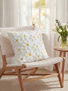 1pc Pink Daisy Decorative Pillow Cover Set, Countryside Style Floral Heart Soft Plush Jacquard Cushion Cover For Home Sofa, Spring/Summer - White - View 4