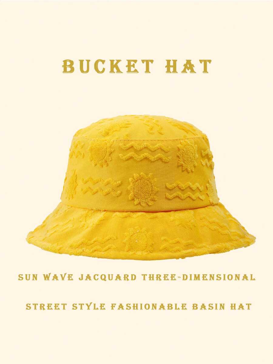 1pc Casual Polyester Jacquard Weave Wavy Sun Pattern Bucket Hat, Geometric 3D Design, Suitable For Spring, Summer, Autumn, Winter - Orange - View 1