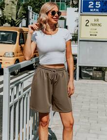 Women's Sweat Shorts Bermuda Long Shorts Athletic Casual Loose Shorts (Available In Plus Size) - màu nâu - Xem 3