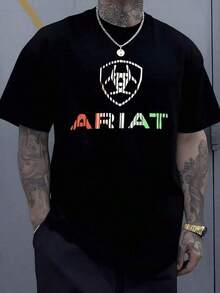 Shirts For Men 100% Cotton T-Shirts--Abstract Shield Emblem With Geometric Lines Symbolizing Modern Strength And Identity ARIAT Below In Vibrant Segmented Colors Displaying Dynamic Appeal Men 220g T Shirt-- Exquisite Design Loose And Comfortable Easy To Match Men's Casual Print Round Neck Short Sleeve T-Shirt Men Women T-Shirt Print Tee - 黑色 - 查看 1