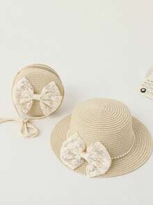 1pc Kid's Sun Hat, Korean Style Girl Sun Ion Straw Hat, Princess Beach Hat Accessories For Toddler Girls - Pearl Bow Straw Hat - View 2