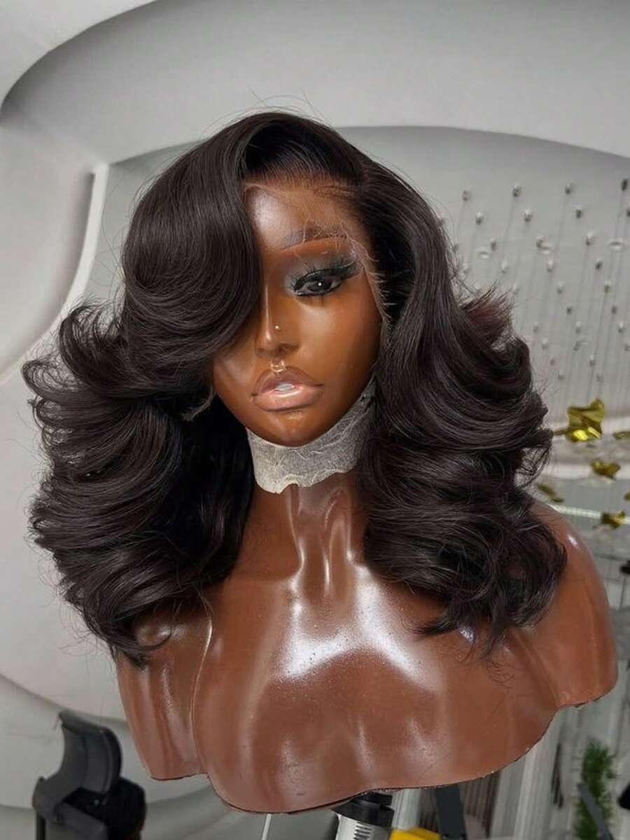 ZHUICHAO [Human Hair Blended Wigs] 13X4 Large Area HD Transparent Lace Front Long Body Wave Wig With Bady Hair & Pre-Bleached Knots Elegant Water Wave Wig For Women 13X4 Lace Front High-Temperature Fiber Long Natural Black Curly Wig - 1B# - View 1