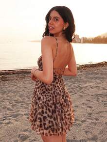 女士性感豹纹迷你吊带裙，度假海滩夏季优雅装扮 - 棕色 - 查看 3