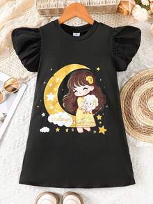 Ramadan Series Summer New Moon Sheep Print 4-Way Stretch Puff Sleeve Black Milk Silk Mid-Length Dress, Elegant And Warm, Suitable For Ramadan Gatherings - Black - View 1