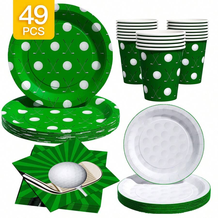 Golf Themed Disposable Plate, Napkin, Cup Set, Plates, Napkins And Cups Party Supplies, Serves 8 Guests, Disposable Paper Plates Party Tableware Suitable For Birthday, Wedding, Theme Party, Family Picnic - Multicolor - View 1