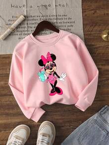 1pc Disney Minnie Mouse Playful Drink-Holding Graphic Tween Girls Casual Sweatshirt - Soft & Versatile, Perfect For Daily Wear And Weekend Outings - 粉色 - 查看 1