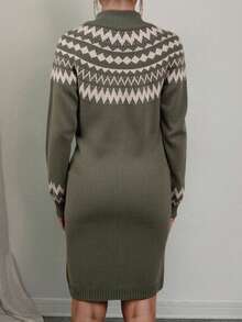 Casual Women's Knit Sweater Dress High Neck Long Sleeve Rib-Knit Short Pencil Dress Medium Stretch - Olive Green - View 2