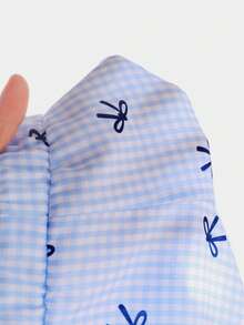 2件套女婴夏季轻薄休闲度假风可爱蝴蝶结格纹荷叶边无袖上衣和松紧腰短裤套装 - 藍色 - 查看 8