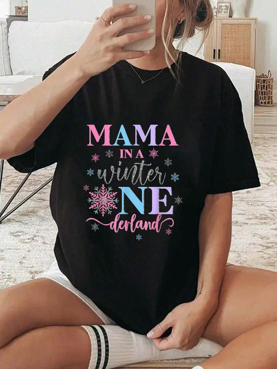 100% Cotton Mama In A Winter Onederland Birthday Girl Sweet Snowflake T-Shirt Women Graphic T-Shirt Cotton Print Short Sleeve Casual Top, Summer Tee Womens Tops - Black - View 1