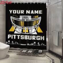 Shower Curtain-70.8 Inches On Each Side, 1pc "YOUR NAME PITTSBURGH" Printed Shower Curtain With Hooks, "American Football Helmet" Design, 71x71 Inches, All-Season Use, Christmas Decoration, Polyester, Valentine's Day Decoration, Bathroom Accesssories - 71x71吋/180x180厘米 - 查看 4