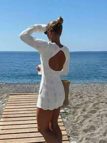 Women's Spring/Summer Beach Vacation Bohemian French Elegant Hollow-Out Backless Sexy Sheer Long Sleeve Slim Fit Cover-Up Dress - White - View 8