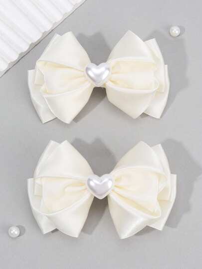 2个白色丝滑蝴蝶结发夹，心形珍珠鳄鱼夹发饰，纯色芭蕾舞风格发夹，甜美发饰，适合女孩作为春季派对礼物