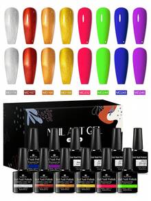 MSRUIOO 12pcs Neon Gel Nail Polish Set With Base Coat And Top Coat, Semi-Permanent Nail Art Manicure Soak Off LED Gel Nail Polish - Multicolor - View 1