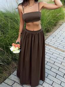 Unadoll 女士夏季性感背心和弹力百褶裙套装，适合约会、度假、情人节和旅行穿着 - 棕色 - 查看 8