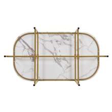 Set Of Six Tables And Chairs: (White Table With Black And Gold Iron Frame, Grey Chair Back Seat And Cushions), White, Gold. - Gold - View 6