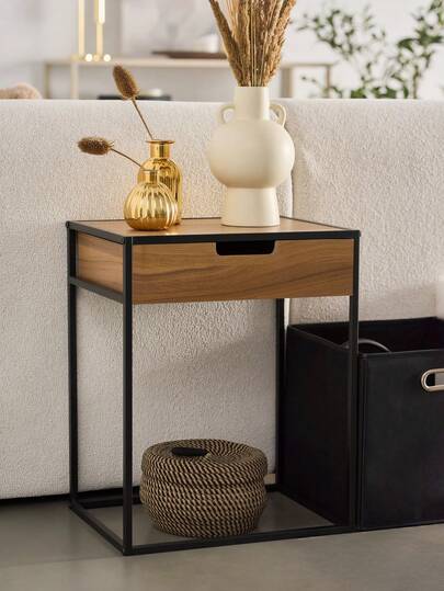 Couchtisch, skandinavischer Luxus-Beistelltisch/Ecktisch/kleiner quadratischer Tisch/Telefontisch, Nachttisch mit Schubladen und Ablagefächern, geeignet für Wohn- und Schlafzimmer, wasserfeste Oberfläche, Beistelltisch im Industriestil, Couchtisch fürs Schlafzimmer, mit Schubladen – Holz