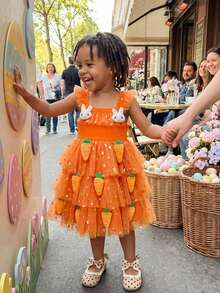 Toddler Girls Easter Tutu Dress Adorable Flying Sleeve Square Neck 3D Carrot Bunny Decorated Tulle Princess Dress - 橘色 - 查看 5