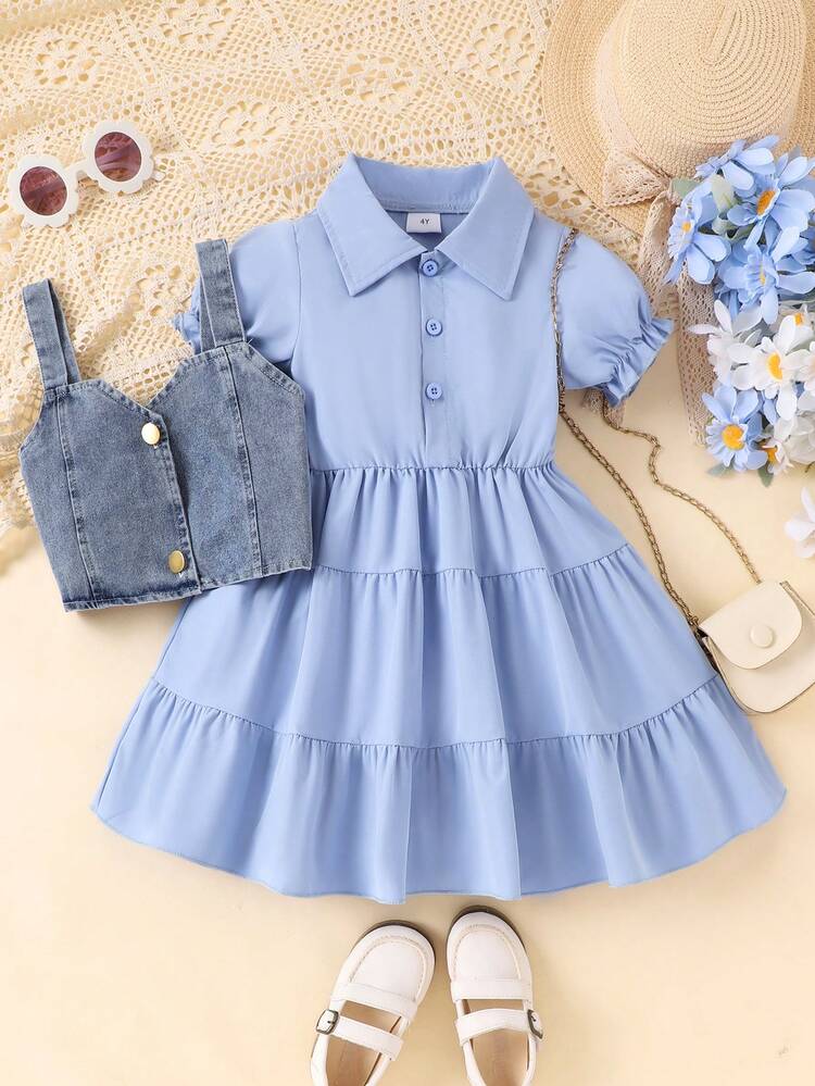 2pcs/Set Young Girls Casual Camisole & Puff Sleeve Short Dress Set, Summer - Baby Blue - View 3
