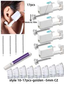 17 pièces/set Kit de perçage d'oreilles jetable et stérile, comprenant 4 pistolets de perçage d'oreilles, 4 tampons de nettoyage d'oreilles, 8 couvercles de protection d'oreilles jetables et imperméables, et 1 stylo de marquage. Convient pour le perçage d'oreilles personnel ou professionnel - Multicolore - Voir 12