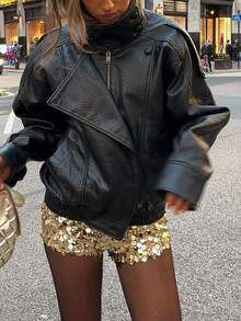 Fashionable Casual Women Long Sleeve High Collar Loose Motorcycle Style Top, 2026 Street Style / Women's Valentine's Day Outfit - Black - View 6