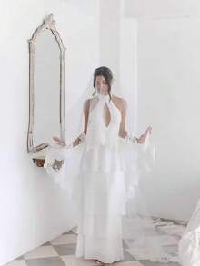 2026 Elegant Minimalist Long Lace Embroidered Bridal Veil, Cathedral Wedding Headpiece - A - View 3