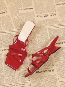 Sandalias de tacón alto con punta cuadrada y tiras cruzadas en color rojo, sandalias casuales sin talón tipo mula - Rojo - Ver 3